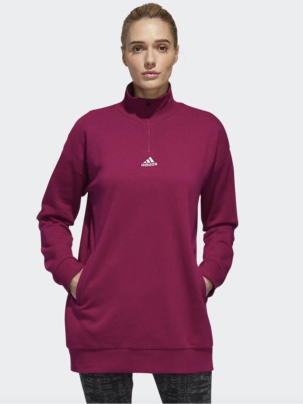 Adidas Women's Comfort Elongated 1/4 Zip Sweatshirt GD2593 Pink Size Large